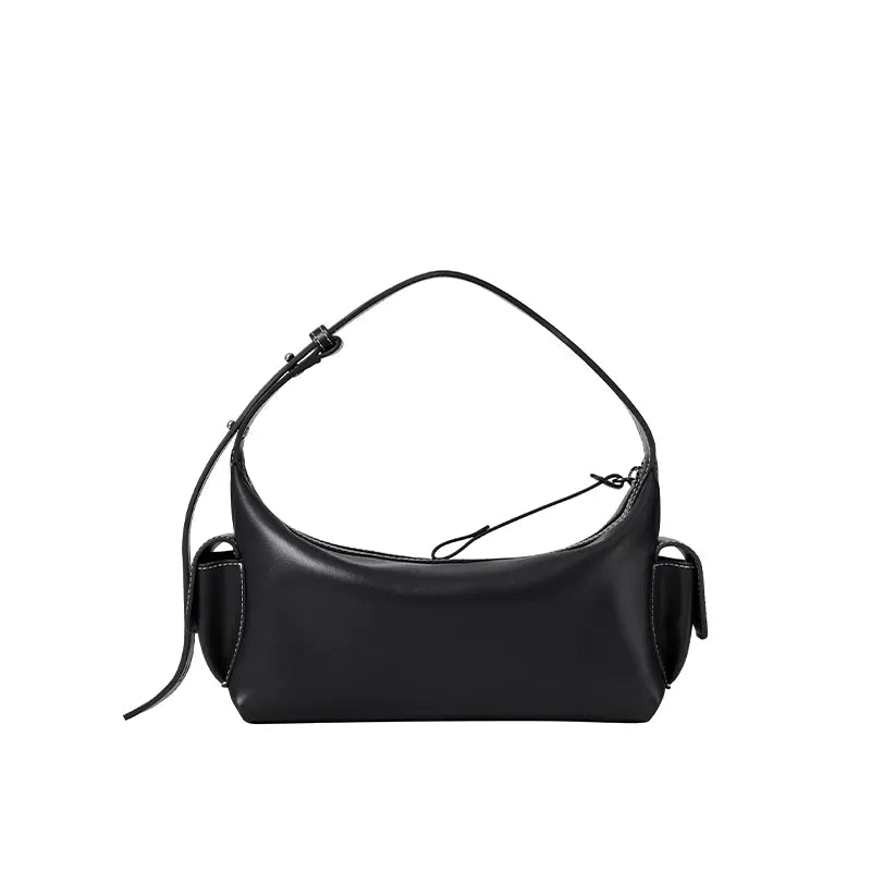 Sleek black leather shoulder bag with adjustable strap on white background, Amazing Song accessory