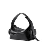 Amazing Song black leather shoulder bag with white stitching and front zipper