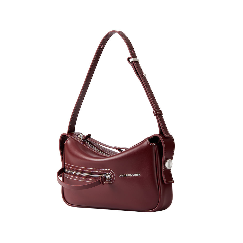 Amazing Song burgundy leather shoulder bag with zipper and logo, white background