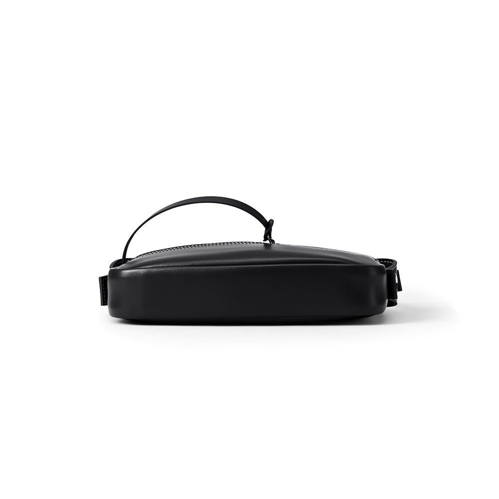 Sleek black leather crossbody bag with handle, featured on Amazing Song official website.