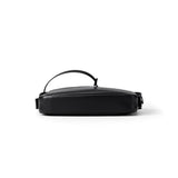 Sleek black leather crossbody bag with handle, featured on Amazing Song official website.