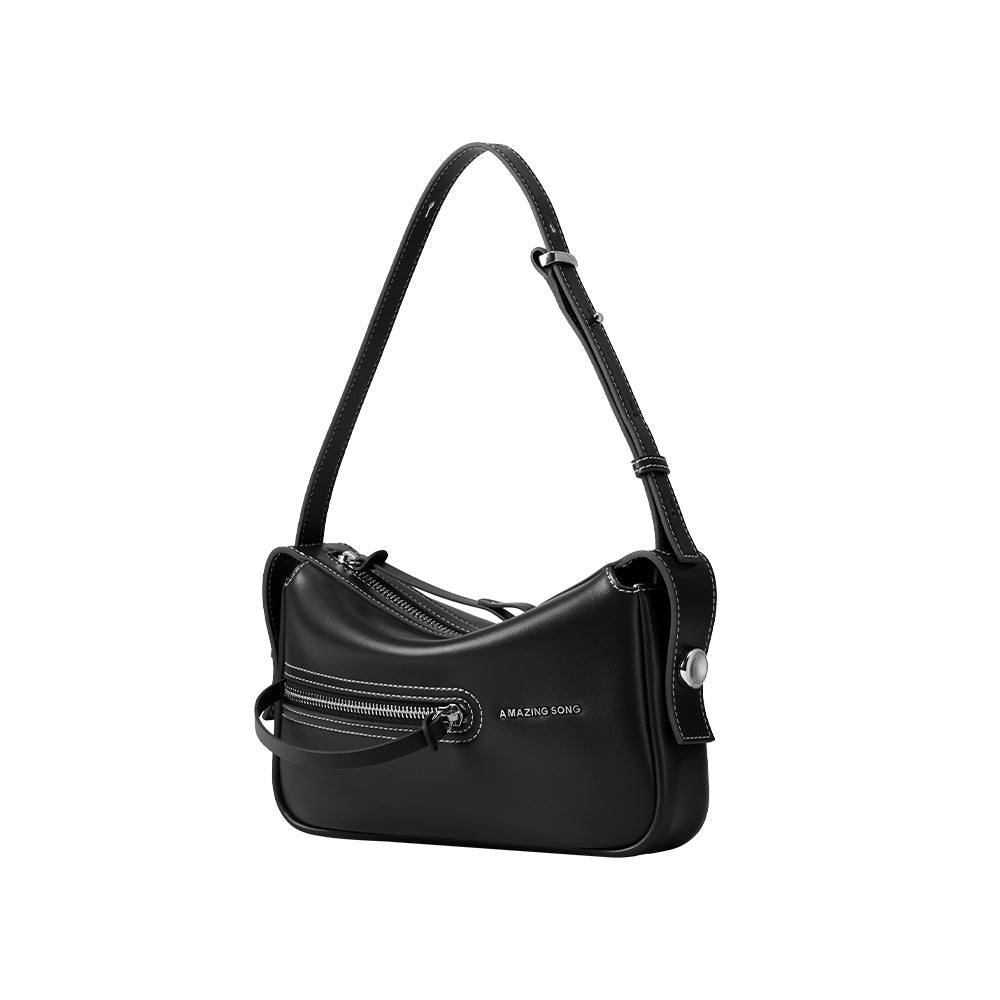 Amazing Song black leather shoulder bag with adjustable strap and silver zipper details