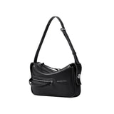 Amazing Song black leather shoulder bag with adjustable strap and silver zipper details