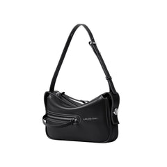 Amazing Song black leather shoulder bag with adjustable strap and silver zipper details