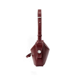 Side view of a burgundy leather handbag with adjustable strap, Amazing Song official website