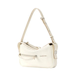 Amazing Song cream shoulder bag with front zipper and adjustable strap on white background