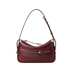 Amazing Song burgundy leather shoulder bag with silver zipper and logo on white background