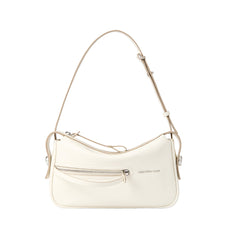 Amazing Song cream shoulder bag with front zip pocket on white background