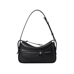 Amazing Song black leather shoulder bag with front zipper and white stitching on white background