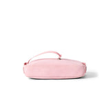 Soft pink suede crossbody bag with slim strap on white background, Amazing Song style