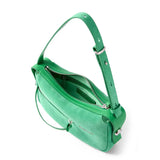 Amazing Song green suede shoulder bag with zipper and silver hardware on white background
