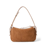 Brown suede shoulder bag with adjustable strap on white background, Amazing Song accessory