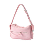 Light pink suede shoulder bag with silver zipper, Amazing Song logo, adjustable strap
