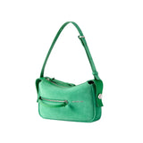 Amazing Song green suede shoulder bag with front zipper and silver logo on white background