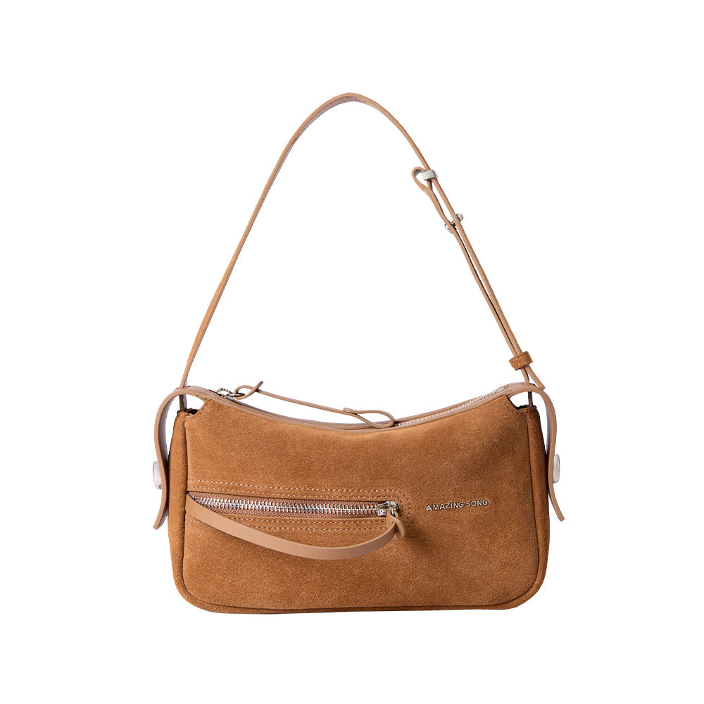 Amazing Song brown suede shoulder bag with zipper and adjustable strap on white background