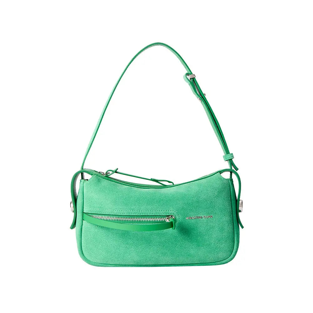 Amazing Song green suede shoulder bag with front zipper pocket and adjustable strap