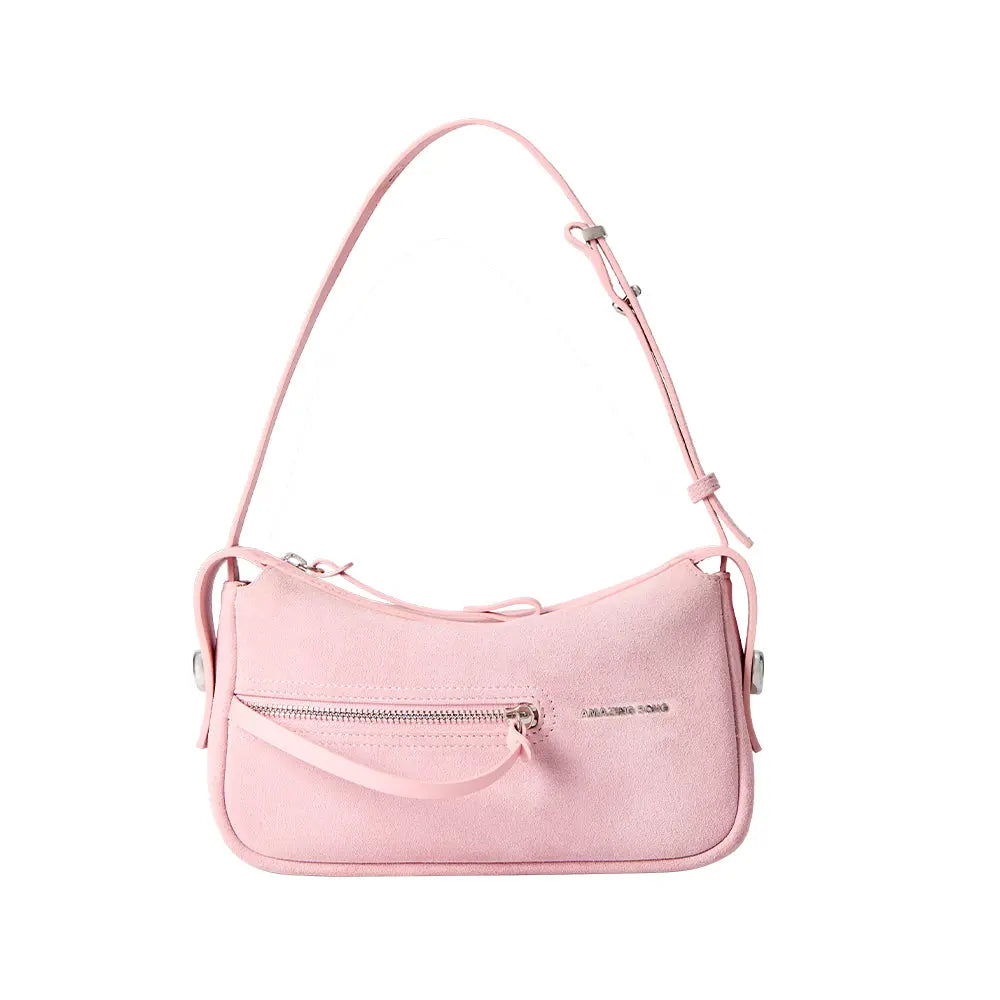 Amazing Song pink suede shoulder bag with front zipper pocket and adjustable strap