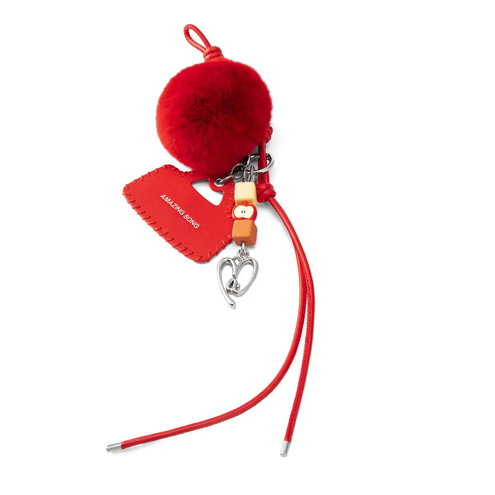 Red pom pom keychain with heart charm, Amazing Song tag, and cute beads on white background