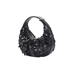 Black sequin handbag with a short handle on white background, Amazing Song accessory