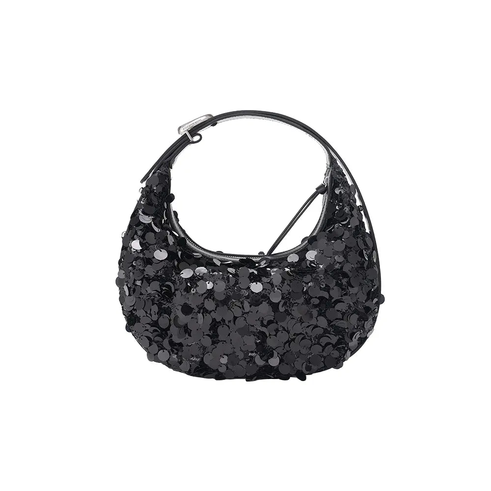 Black sequin handbag with short strap on white background, Amazing Song accessories
