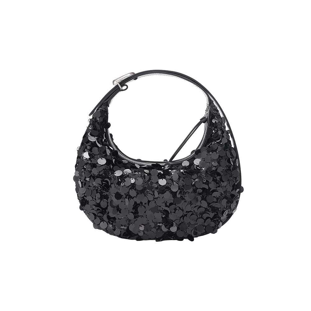 Black sequin handbag with short strap on white background, Amazing Song accessories