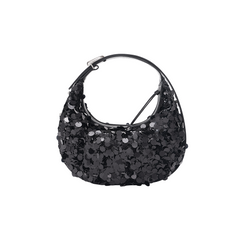 Black sequin handbag with short strap on white background, Amazing Song accessories