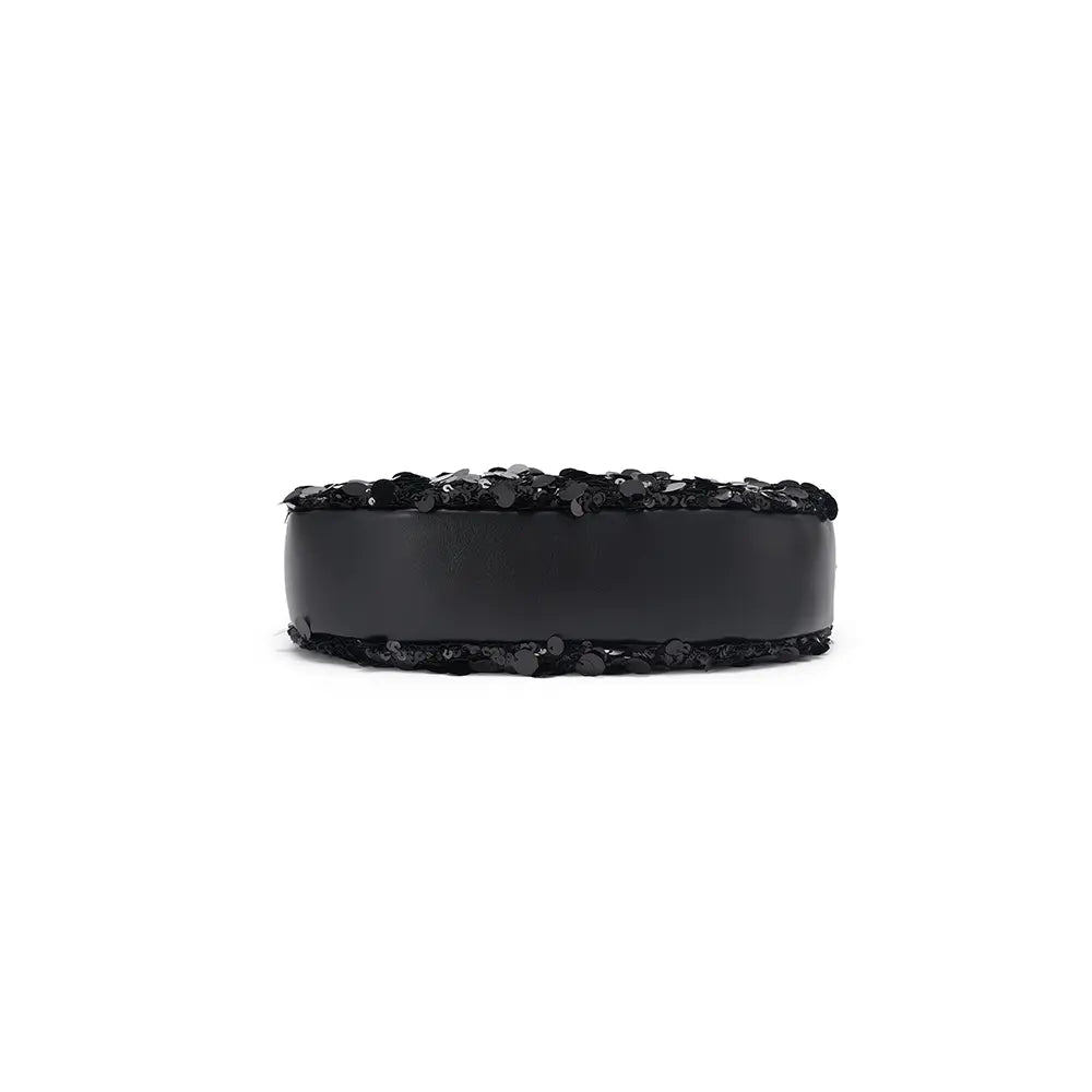 Black headband with sequin embellishments on white background, Amazing Song accessory