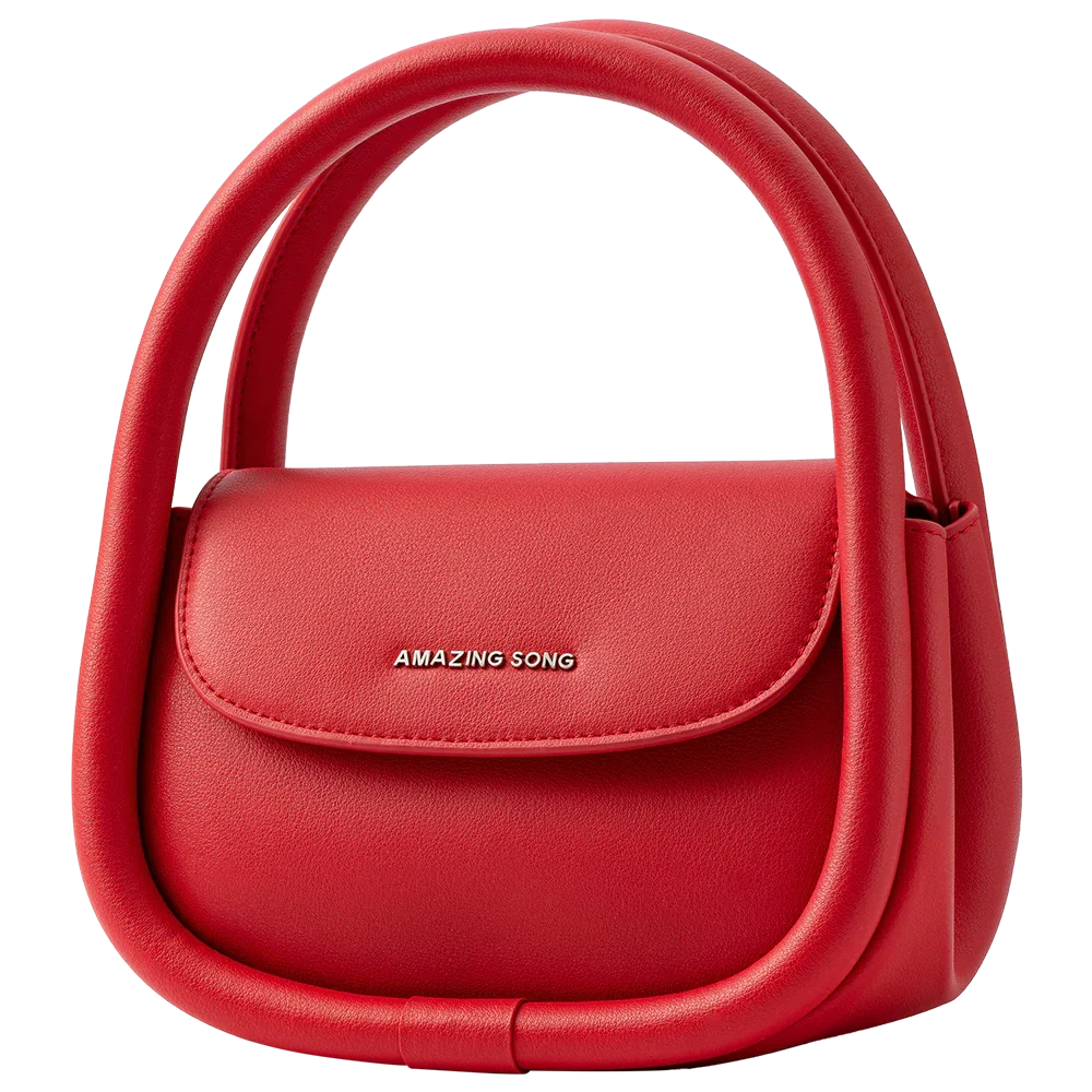 Amazing Song red leather handbag with unique curved handle design