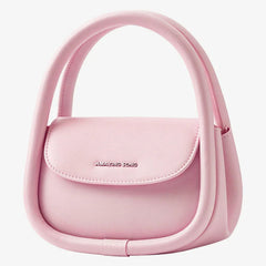 Pastel pink handbag with Amazing Song logo, modern curved handle, on white background
