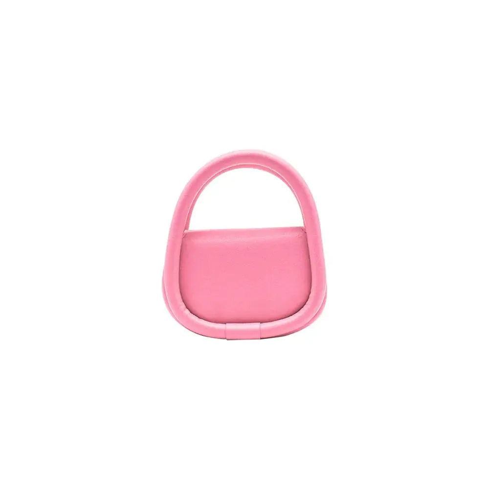 Pink mini handbag with rounded handle, modern design on white background