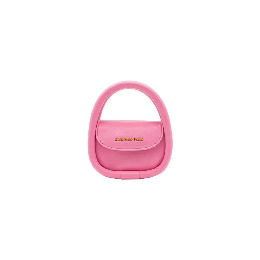 Amazing Song pink mini handbag with gold logo on white background
