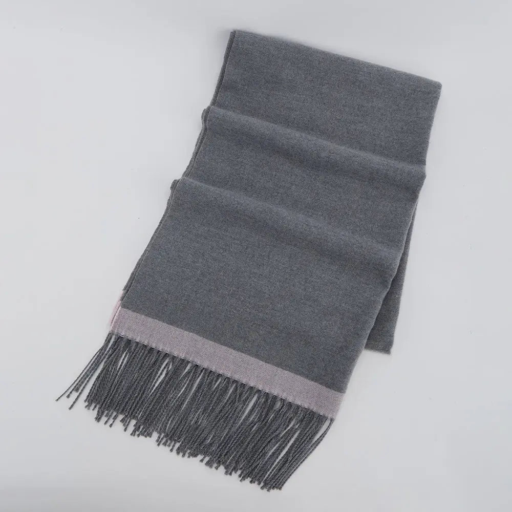 Soft grey fringed scarf with pink border on white background, Amazing Song official site