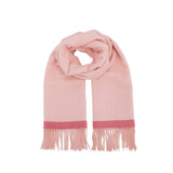 Soft pink scarf with red trim and fringed ends, folded on white background