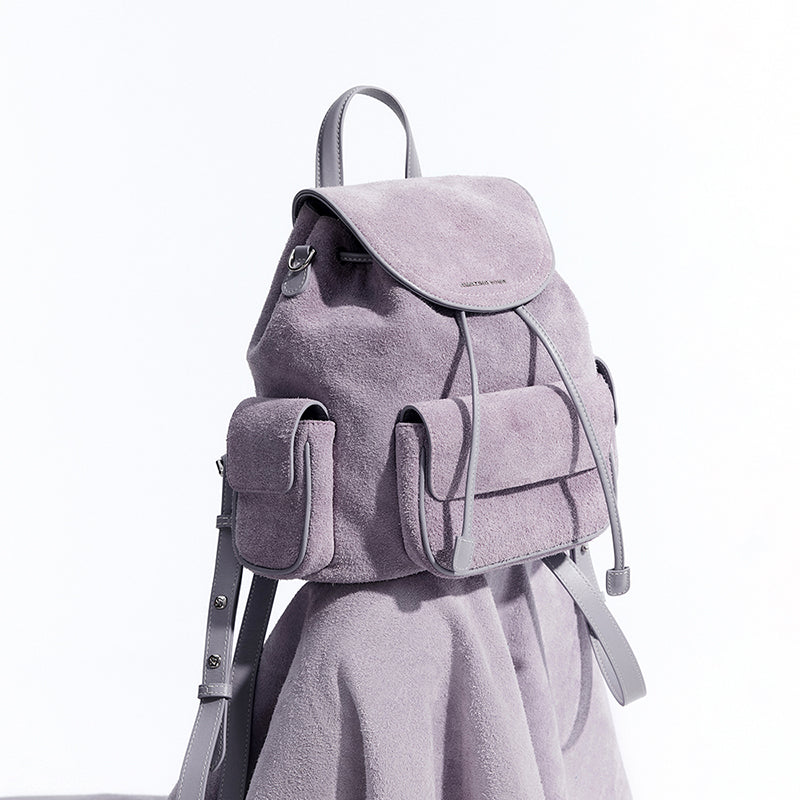Light purple suede backpack with front pockets, stylish design, Amazing Song official website