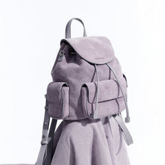 Light purple suede backpack with front pockets, stylish design, Amazing Song official website