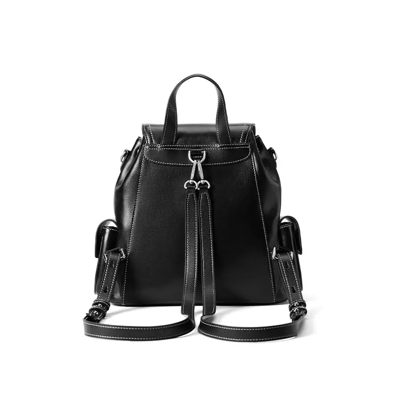 Black leather backpack with white stitching and side pockets, Amazing Song official website