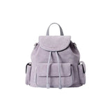 Amazing Song soft lavender suede backpack with front and side pockets on white background