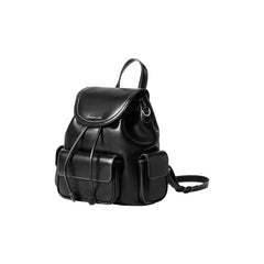 Amazing Song black leather backpack with front pockets on white background
