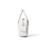 White leather handbag side view with zipper and front pocket, Amazing Song official site