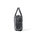 Side view of sleek black leather bag with zipper and front pocket, Amazing Song official website