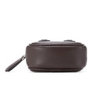 Dark brown leather crossbody bag with white stitching, Amazing Song official website