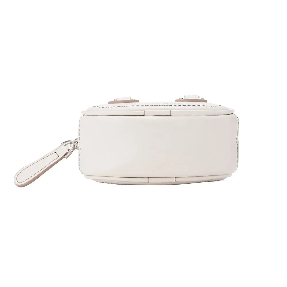 White leather handbag bottom view with wrist strap, Amazing Song official website product photo