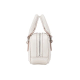 Side view of white leather handbag with top handles and silver zipper, Amazing Song