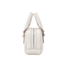 Side view of white leather handbag with top handles and silver zipper, Amazing Song