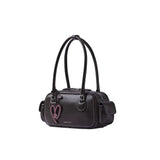 Amazing Song black leather handbag with pink heart charm and double straps