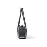 Side view of a black leather shoulder bag with zipper and front pocket, Amazing Song