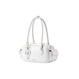 White Amazing Song handbag with heart charm and long straps, studio background.