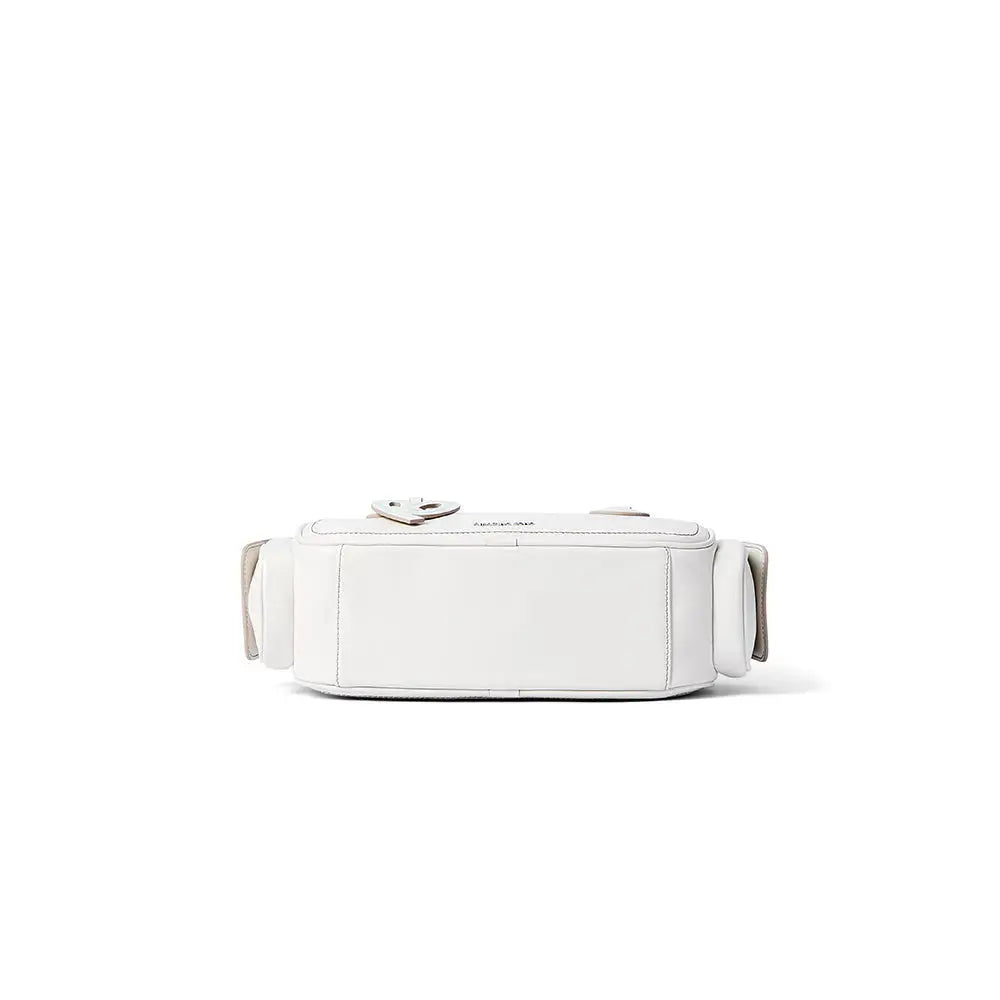 White designer waist bag on white background, featured on Amazing Song official website
