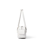 Side view of a white leather crossbody bag with front pocket, Amazing Song official website