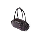 Black leather handbag with long handles and pink heart charm, Amazing Song official site